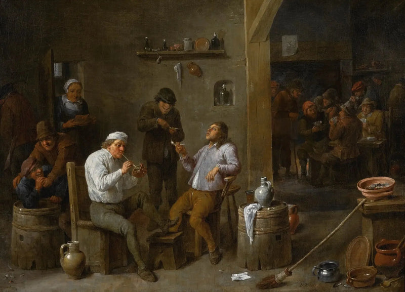 Interior tavern scene with peasants drinking and smoking - David Teniers the Younger