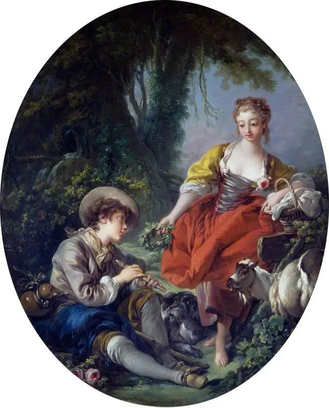 Pastoral scene: shepherd with a pipe and a girl - François Boucher
