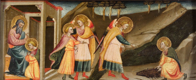 Scenes of Tobias (Tobias saying goodbye to his father; The peregrinations of Tobias and the archangel Raphael; Tobias taking the heart, the liver, and the gall of the fish) - Bicci di Lorenzo