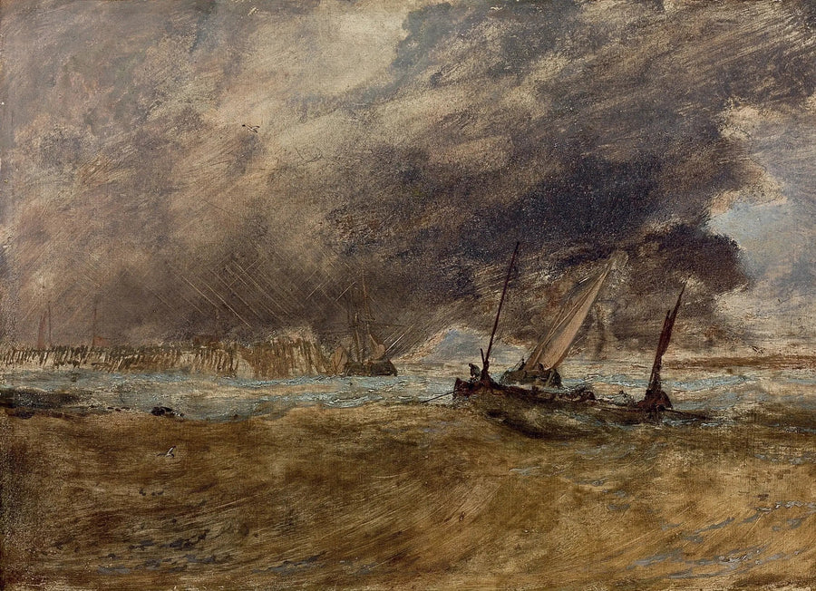 Seascape with fishing boats off a wooden pier, a gale coming in - J. M. W. Turner