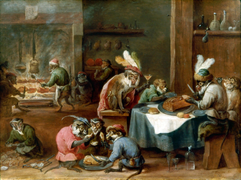 Monkeys having a meal in a kitchen - David Teniers the Younger