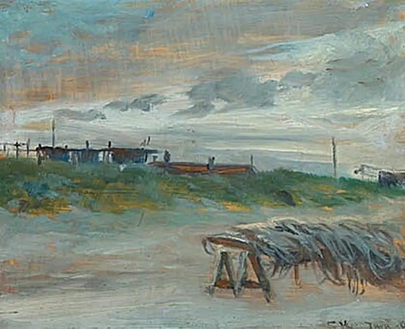 Skagen Sønderstrand by a June evening, in cloudy weather. Fishing nets in front. - Peder Severin Krøyer