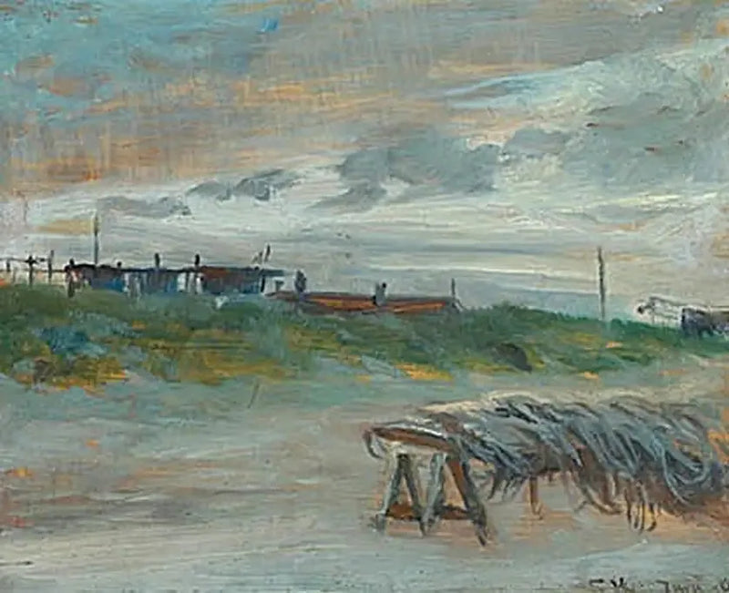 Skagen Sønderstrand by a June evening, in cloudy weather. Fishing nets in front. - Peder Severin Krøyer