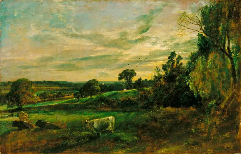 Summer Evening: view near East Bergholt showing the church of Langham, the church of Stratford and the church of Stoke-by-Nayland - John Constable