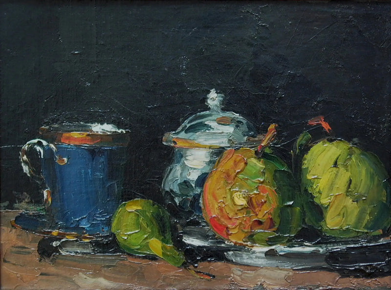 Sugar bowl, pears and blue cup - Paul Cézanne