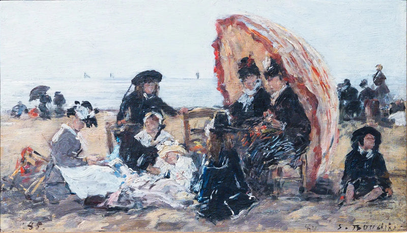 On the Beach at Trouville, Sheltered by the Red Parasol - Eugène Boudin
