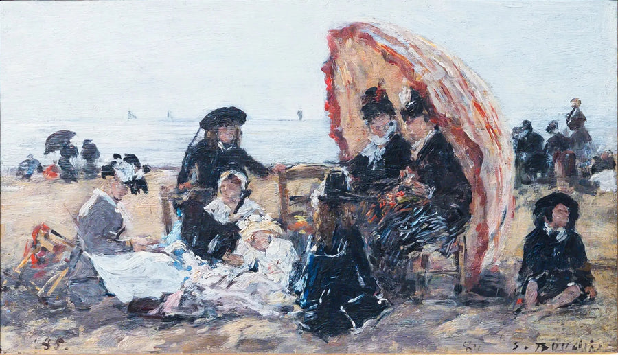 On the Beach at Trouville, Sheltered by the Red Parasol - Eugène Boudin