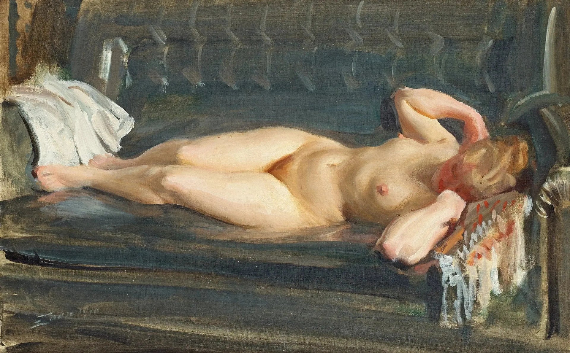 Sur le canapé en cuir bleu-gris - Anders Zorn image 1 reproduction de peinture à l’huile