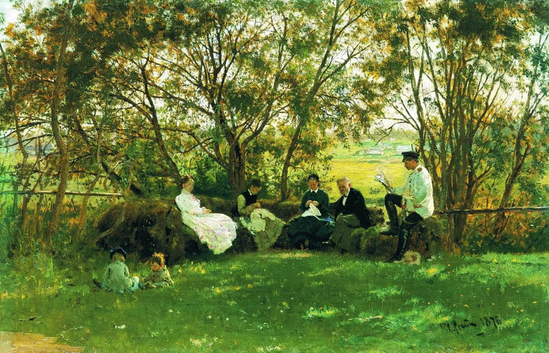 On a bench in the grass - Ilya Repin