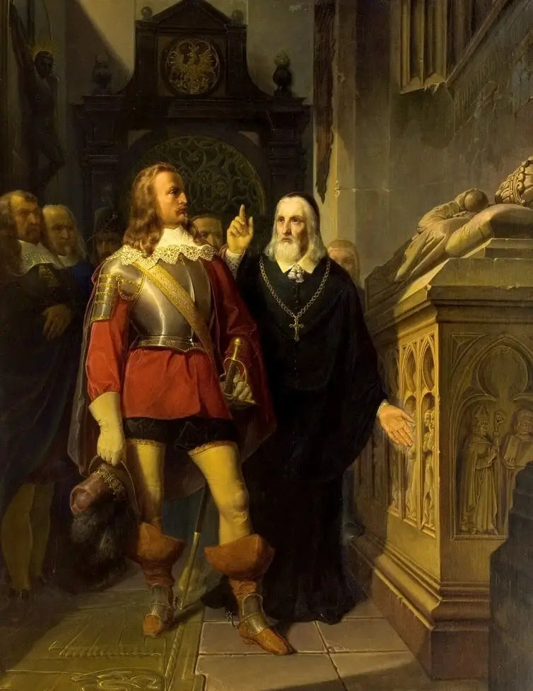 Szymon Starowolski and Charles Gustav in front of the tomb of Władysław Łokietek. - Jan Matejko