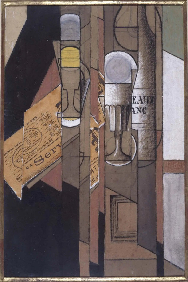 Cups, newspaper and wine bottle - Juan Gris