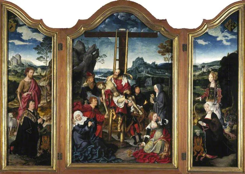 Triptych. In the center: the Deposition of the Cross; on the left: Saint John the Baptist with a donor; on the right: Saint Margaret of Antioch with a donor. - Joos van Cleve