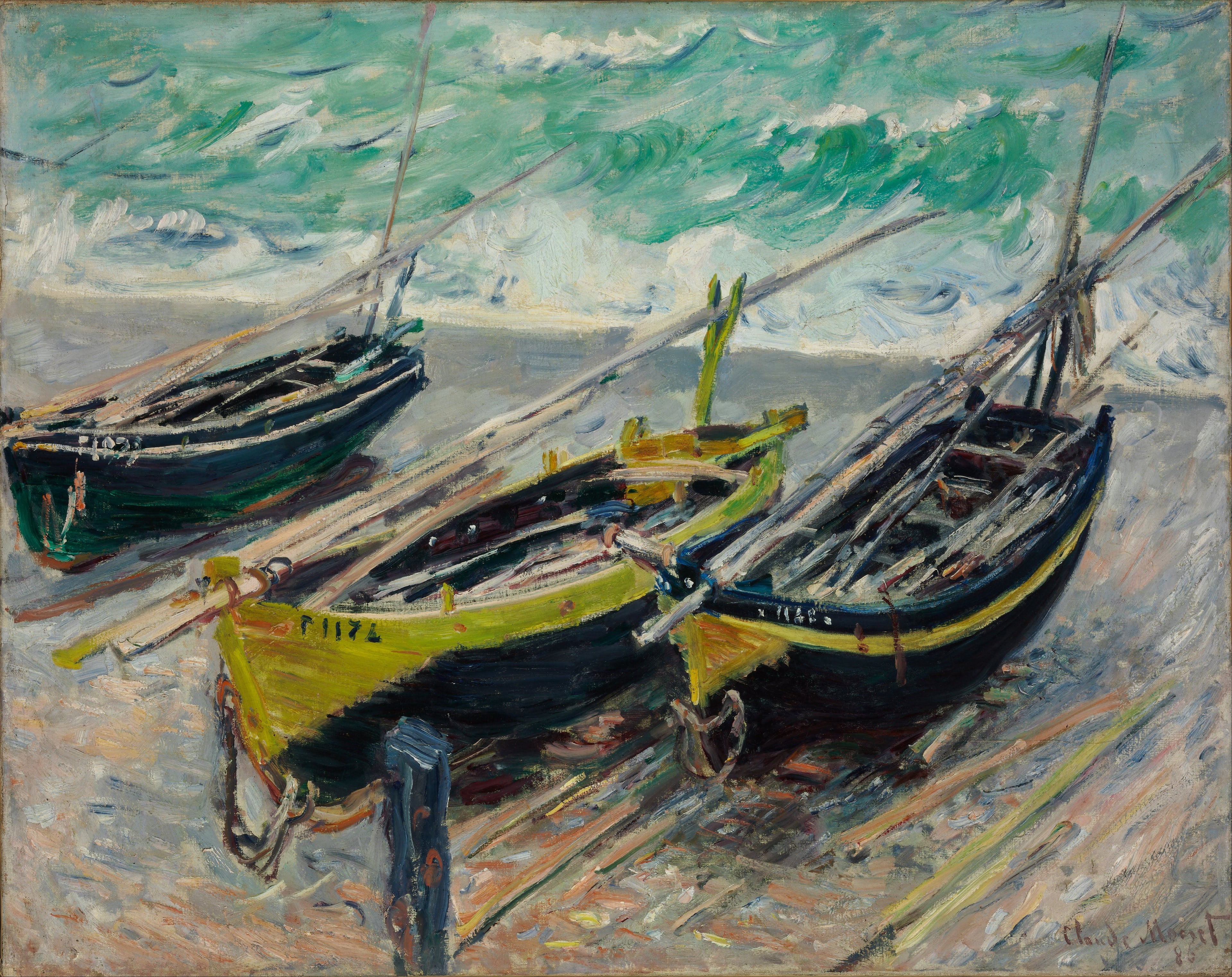 Reproduction du tableau « Trois Bateaux de pêche - Claude Monet » par Alpha Reproduction en peinture à l’huile