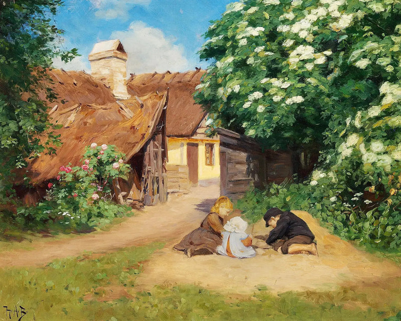 Three children playing near a farm on a summer day. - H. A. Brendekilde