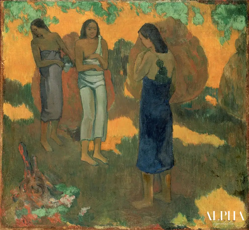 Trois femmes tahitiennes sur un fond jaune - Paul Gauguin - Reproductions de tableaux et peintures haut de gamme