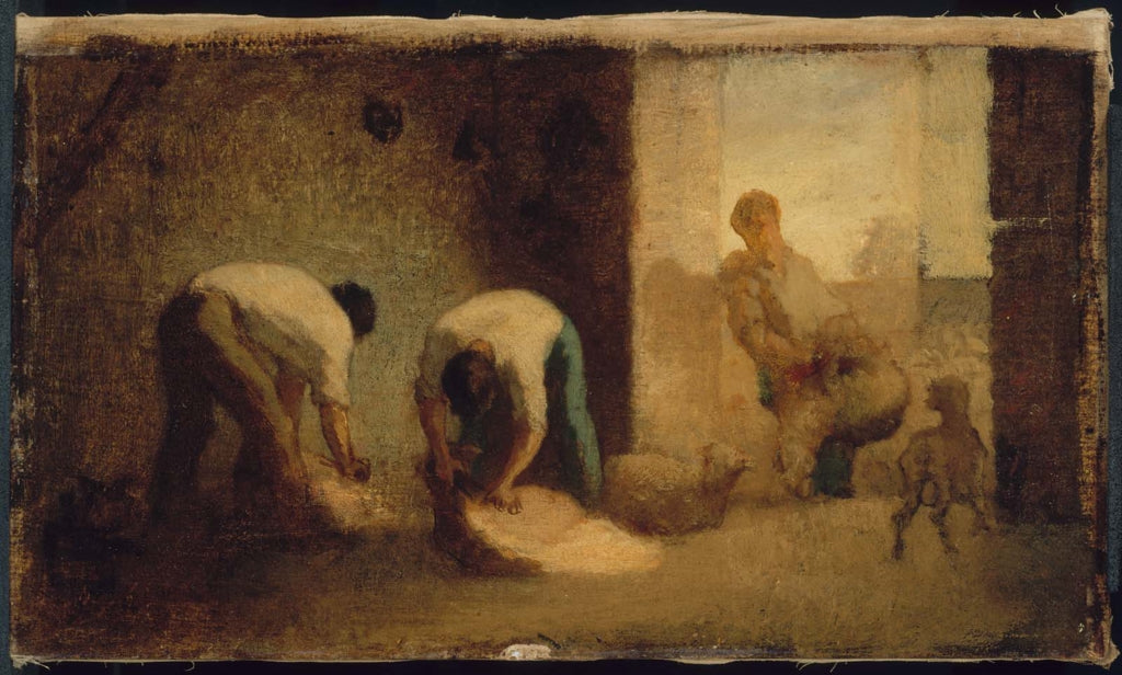 Three men shearing sheep in a barn - Jean-François Millet