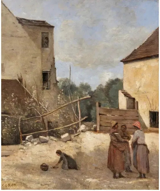 Three peasant women talking in a rustic courtyard - Jean-Baptiste Camille Corot