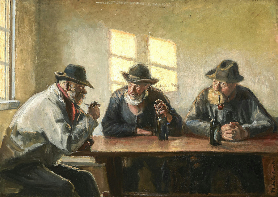 Three fishermen in Brøndum's shop. (1916). - Michael Peter Ancher