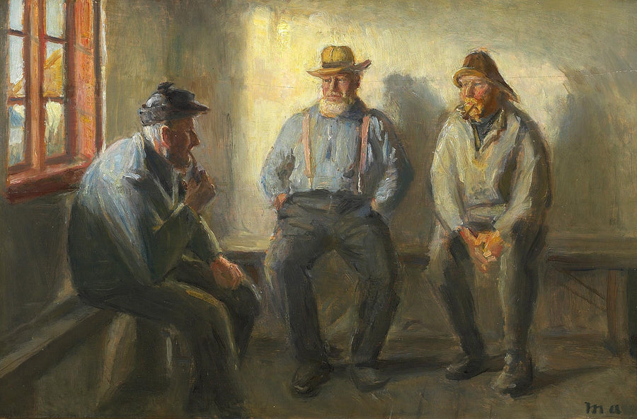Three fishermen in the Brøndum shop. - Michael Peter Ancher