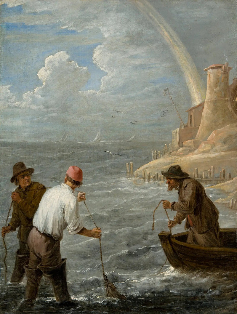 Three fishermen casting their nets - David Teniers the Younger