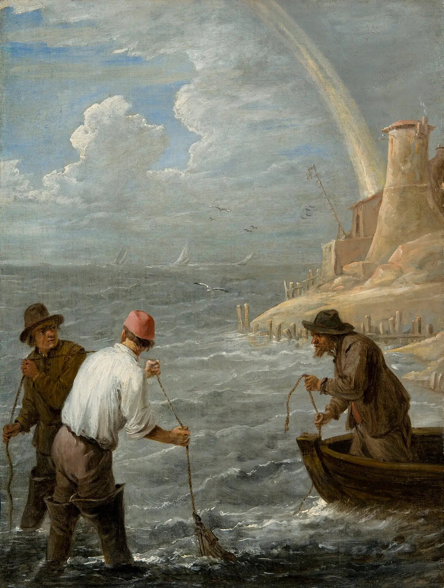 Three fishermen casting their nets - David Teniers the Younger