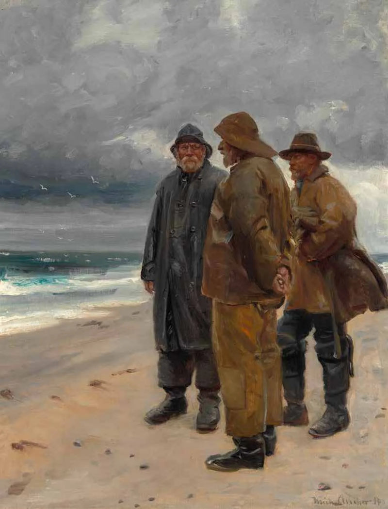 Three fishermen on Skagen beach in overcast weather. - Michael Peter Ancher