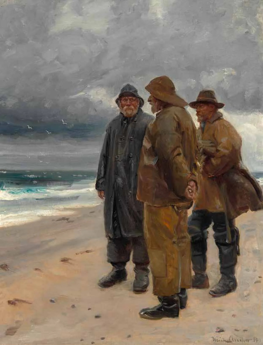 Three fishermen on Skagen beach in overcast weather. - Michael Peter Ancher
