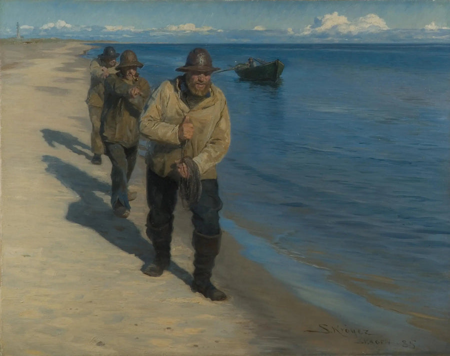 Three fishermen pulling a boat. - Peder Severin Krøyer