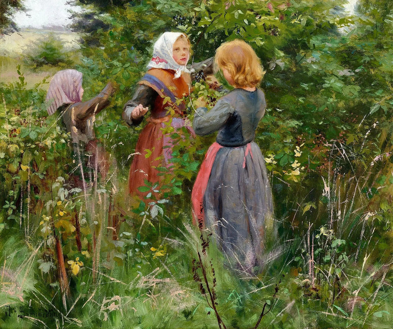 Three Little Girls Picking Blackberries - H. A. Brendekilde