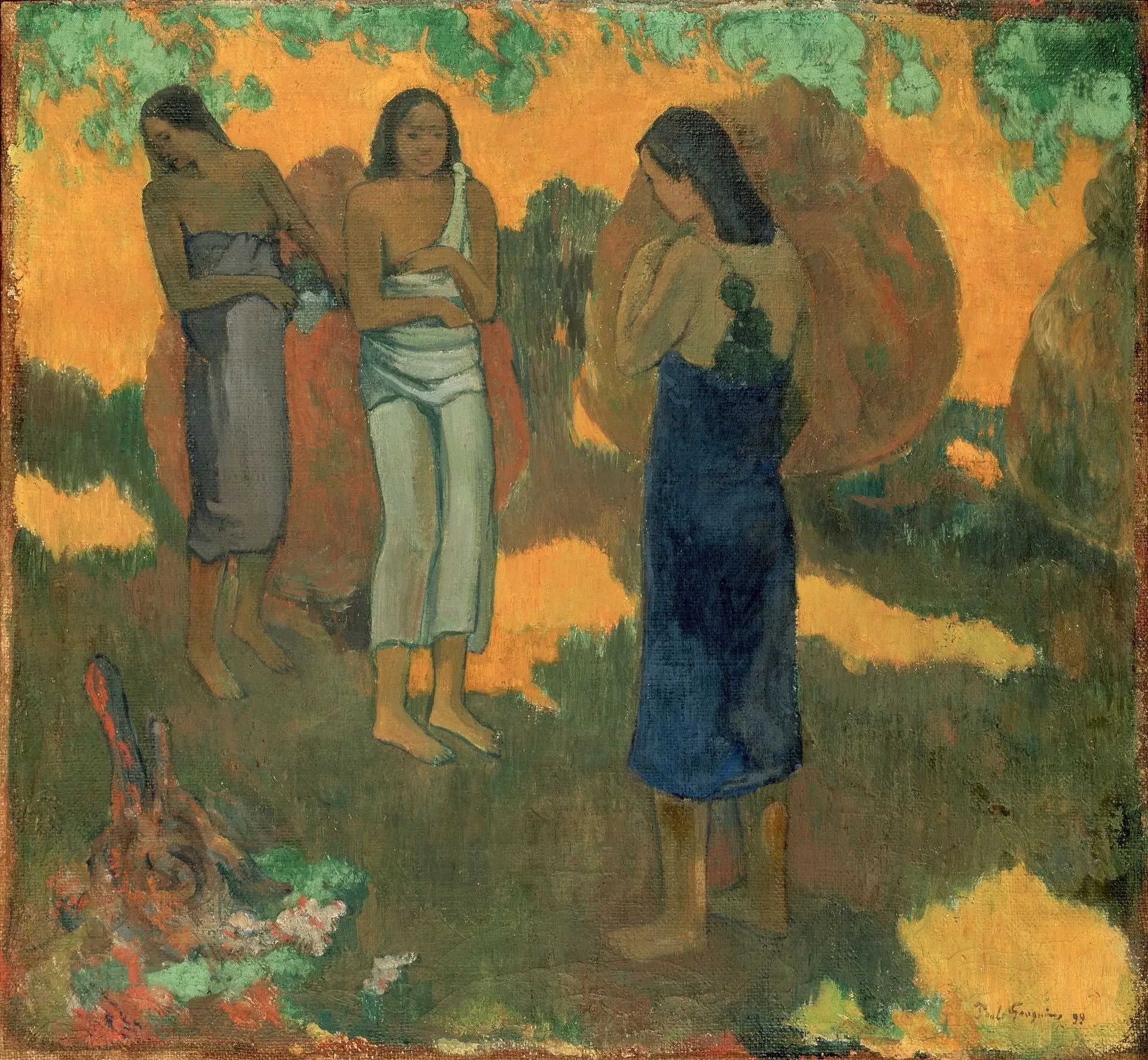 Reproduction du tableau « Trois Tahitiennes sur fond jaune - Paul Gauguin » par Alpha Reproduction en peinture à l’huile