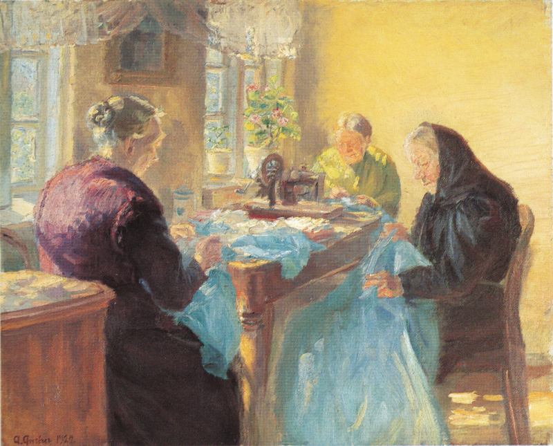 Three old ladies are sewing a blue dress for a costume ball. - Anna Ancher