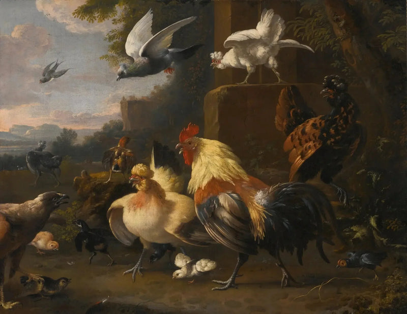 An eagle facing a young rooster, hens, flying pigeons, and other birds - Melchior de Hondecoeter