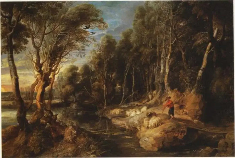 A shepherd with his flock in a wooded landscape - Peter Paul Rubens