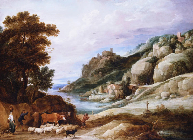 A shepherd with his flock in a mountainous landscape - David Teniers the Younger