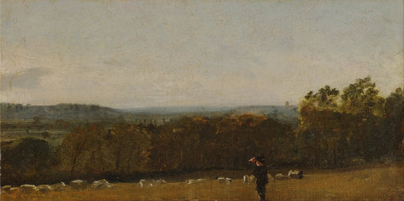 A shepherd in a landscape looking through Dedham Vale towards Langham - John Constable