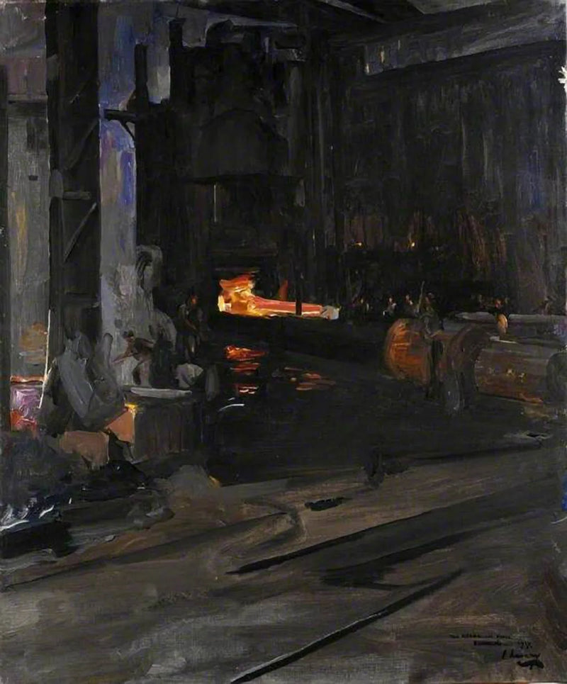 A naval cannon in the hydraulic press: Elswick Works, Newcastle upon Tyne - John Lavery