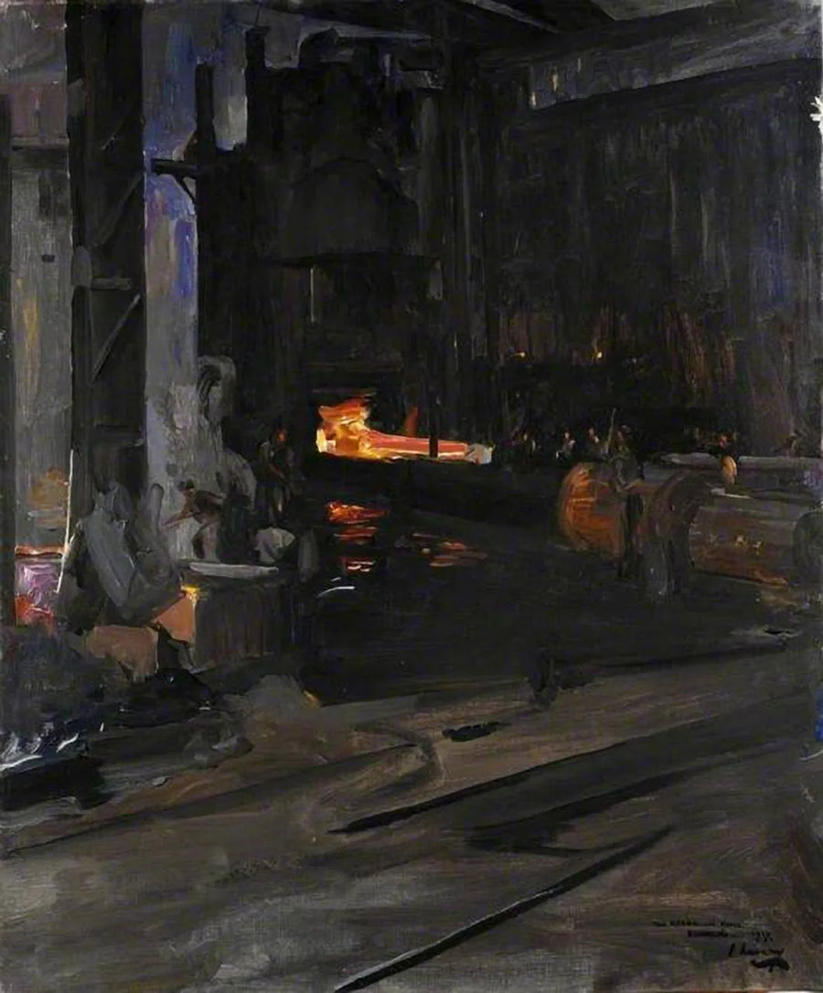 A naval cannon in the hydraulic press: Elswick Works, Newcastle upon Tyne - John Lavery