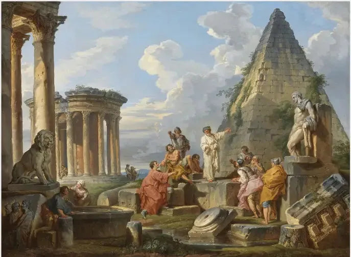 A Capriccio with Saint Paul Preaching to the Romans, with the Temple of Vesta and the Pyramid of Caius Cestius - Giovanni Paolo Panini