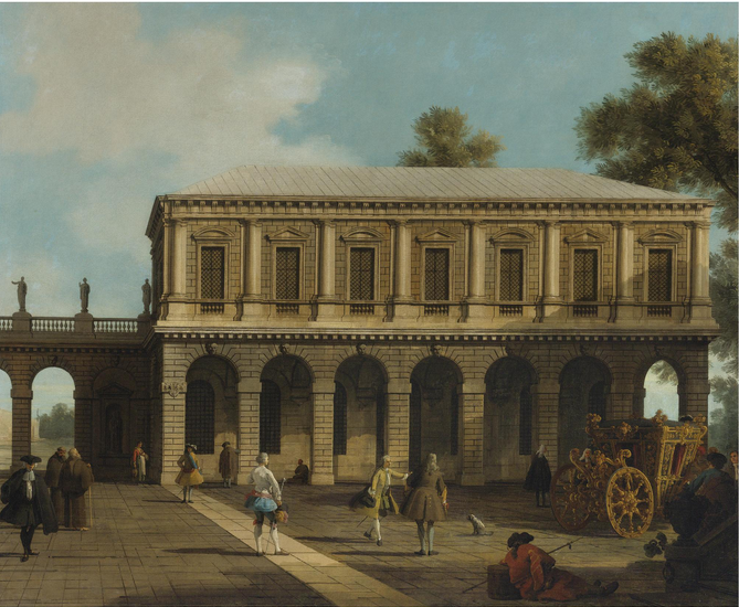 A Capriccio of the prisons of San Marco located on a square with a carriage and town inhabitants - Canaletto