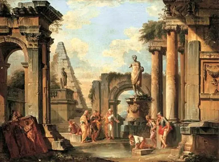A Classic Ruins Caprice with Diogenes Throwing His Cup. - Giovanni Paolo Panini