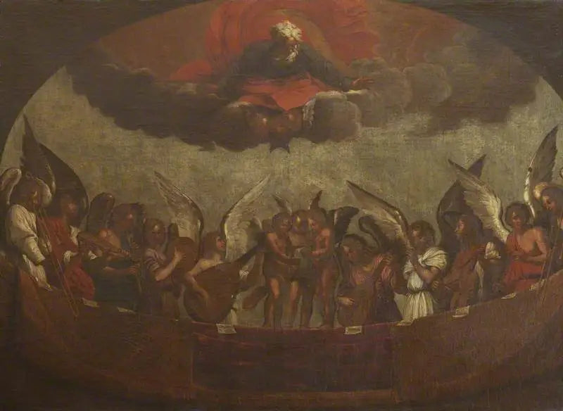 A choir of angels singing and playing musical instruments with God the Father above - Guido Reni