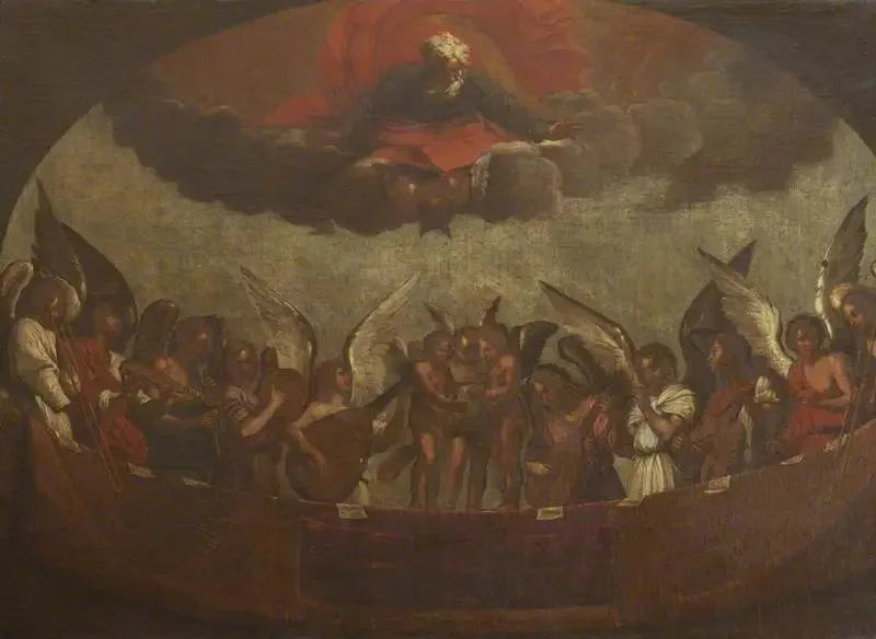 A choir of angels singing and playing musical instruments with God the Father above - Guido Reni