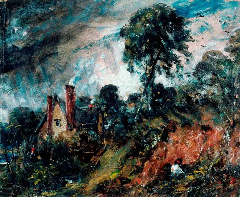 A chalet among the trees with a sandbank - John Constable