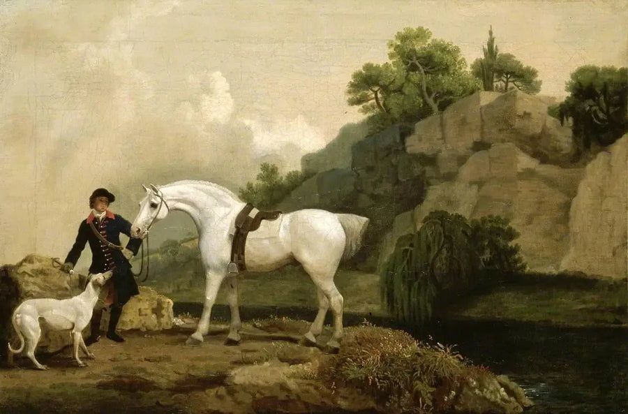 A Greyhound Hunter with a Groom and a Greyhound at Creswell Crags - George Stubbs