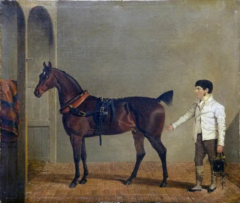 A horse-drawn carriage horse, with a groom, in a stable - John Frederick Herring, Sr.