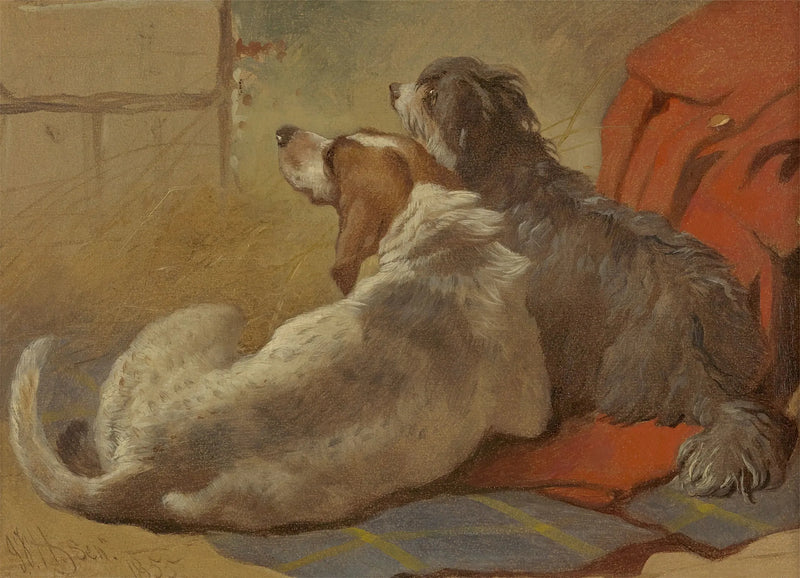 A hunting dog and a bearded collie sitting on a hunting coat - John Frederick Herring, Sr.