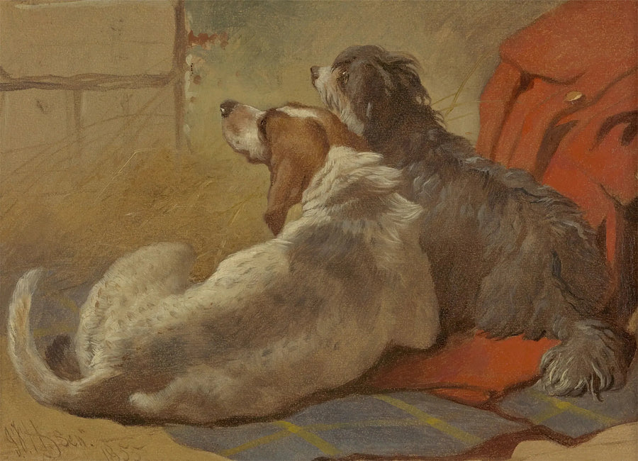 A hunting dog and a bearded collie sitting on a hunting coat - John Frederick Herring, Sr.