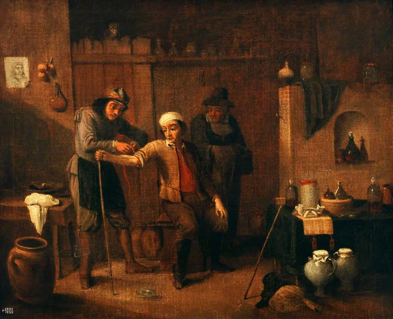 A surgeon tying a tourniquet around a man's arm - David Teniers the Younger