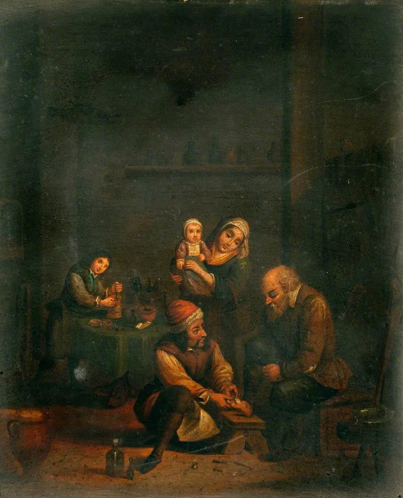 A surgeon treating a man's foot and three other characters - David Teniers the Younger