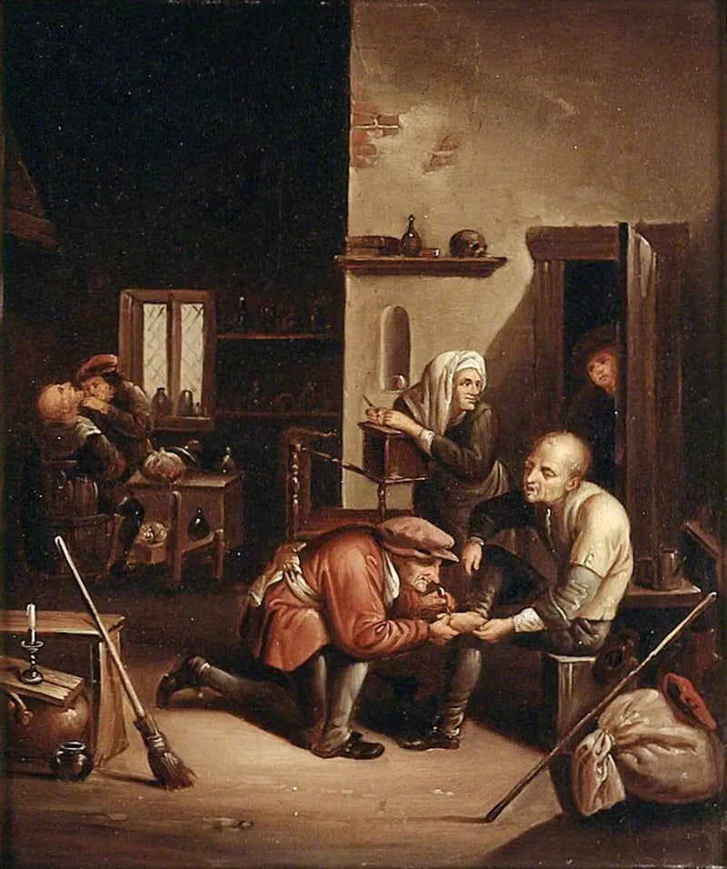 A surgeon treating a patient's foot and a barber shaving a man - David Teniers the Younger